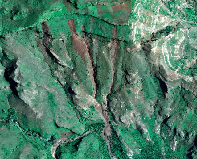 This handout satellite image courtesy of Maxar Technologies taken and made available on September 3, 2025 shows mud and debris after a landslide buried the mountain village of Tarasin in Sudan's Jebel Marra area. Sudan has recovered 270 bodies from under the mud after a landslide buried a remote mountain village in the Darfur region, a civilian leader under the rebel group controlling the area said on September 3. Heavy rains triggered the landslip which almost wiped out the village of Tarasin in the Jebel Marra range, the Abdulwahid al-Nur faction of the Sudan Liberation Movement/Army (SLM) said. (Photo by Satellite image 2025 Maxar Technologies/AFP Photo)