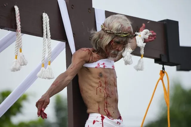 Wilfredo Salvador hangs on the cross during a reenactment of Jesus Christ's sufferings as part of Good Friday rituals April 7, 2023 in the village of San Pedro, Cutud, Pampanga province, northern Philippines. The real-life crucifixions, a gory Good Friday tradition that is rejected by the Catholic church, resumes in this farming village after a three-year pause due to the coronavirus pandemic.(Photo by Aaron Favila/AP Photo)