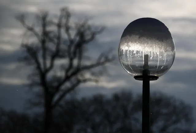 A frozen lamppost is seen in a park in Enghien, Belgium, February 9, 2021. (Photo by Yves Herman/Reuters)
