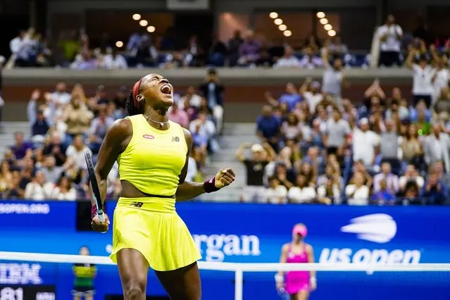 Coco Gauff, of the United States, reacts during a match against Laura Siegemund, of Germany, at the first round of the U.S. Open tennis championships, Monday, August 28, 2023, in New York. (Photo by Frank Franklin II/AP Photo)