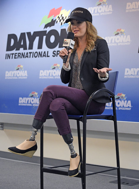 Actress, model, world-class snowboarder and 2014 Paralympic bronze medalist Amy Purdy answers questions at a news conference before the Daytona 500 NASCAR Sprint Cup series auto race at Daytona International Speedway, Sunday, February 22, 2015, in Daytona Beach, Fla. Purdy will be driving the pace car for the race. (Photo by Phelan M. Ebenhack/AP Photo)