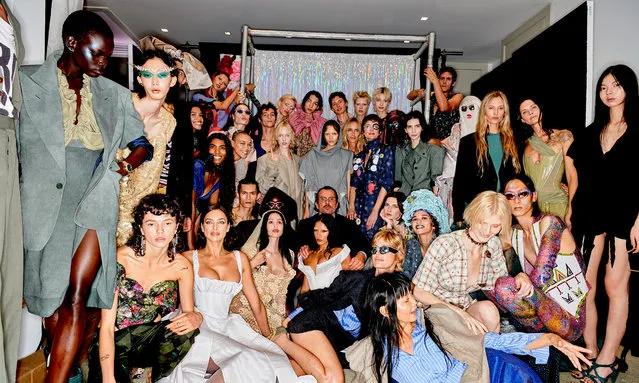 Austrian designer Andreas Kronthaler with models poses backstage afte the Vivienne Westwood Womenswear Spring/Summer 2024 show as part of Paris Fashion Week on September 30, 2023 in Paris, France. (Photo by Ki Price/WireImage)