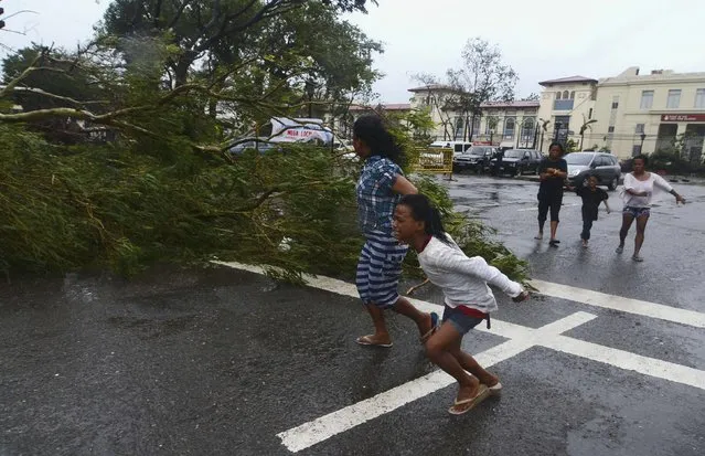 Residents rush to safety past a fallen tree during strong winds brought by Typhoon Haiyan that hit Cebu city, central Philippines November 8, 2013. (Photo by Zander Casas/Reuters)