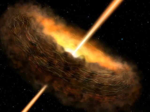 An artist's conception shows donut-shaped magnetic fields that trap dust and feed material into the supermassive black hole of the galaxy Cygnus A, with jets launching from its center, based on recent observations from the Stratospheric Observatory for Infrared Astronomy (SOFIA) in this image obtained November 16, 2018. (Photo by NASA/SOFIA/Lynette Cook/Handout via Reuters)