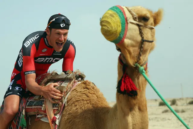 Jean-Pierre Drucker of Luxembourg and the BMC Racing Team sits on a camel at the start of stage four of the 2016 Tour of Qatar, a 189km road stage from Al Zuberah Fort to Madinat Al Shama,l on February 11, 2016 in Al Zuberah Fort, Qatar. (Photo by Bryn Lennon/Getty Images)