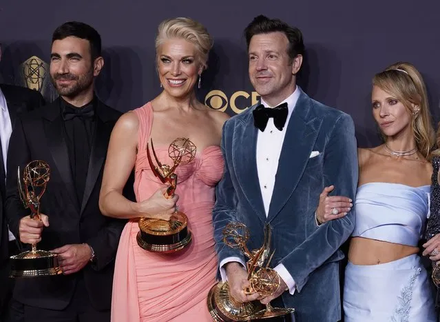 Brett Goldstein, from left, Hannah Waddingham, Jason Sudeikis and Juno Temple pose with their award for outstanding supporting actor in a comedy series, outstanding supporting actress in a comedy series, outstanding lead actor in a comedy series and outstanding comedy series for “Ted Lasso” at the 73rd Primetime Emmy Awards on Sunday, Sept. 19, 2021, at L.A. Live in Los Angeles. (Photo by Chris Pizzello/AP Photo)