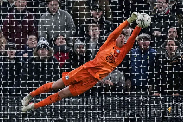 Chelsea's goalkeeper Kepa Arrizabalaga during the English League Cup semifinal second leg soccer match between Tottenham Hotspur and Chelsea at the Tottenham Hotspur Stadium in London, Wednesday, January 12, 2022. (Photo by Alastair Grant/AP Photo)