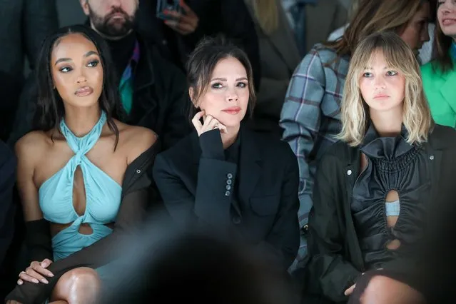 (L to R) British model Jourdan Dunn, English singer, songwriter, fashion designer and television personality Victoria Beckham and model Mia Regan attend the Supriya Lele AW22 show during London Fashion Week February 2022 at the BFC NEWGEN Show Space on February 21, 2022 in London, England. (Photo by David M. Benett/Getty Images)