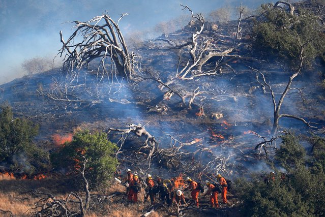 Firefighters work under a smoldering hillside left behind by the Post Fire Saturday, June 15, 2024, in Gorman, Calif. (Photo by Marcio Jose Sanchez/AP Photo)