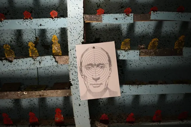 A picture of Russian President Vladimir Putin hangs at a target practice range in Lviv, western Ukraine, Thursday, March 17, 2022. (Photo by Bernat Armangue/AP Photo)