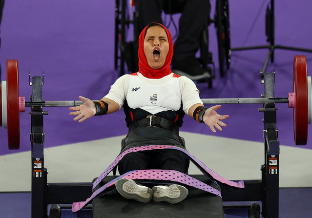 Enas Elgebaly Abdelaal Aggag of Egypt reacts during the women's 41kg powerlifting final in the Porte de la Chapelle Arena, Paris, France, during the Paris 2024 Paralympics on September 4, 2024. (Photo by Rula Rouhana/Reuters)