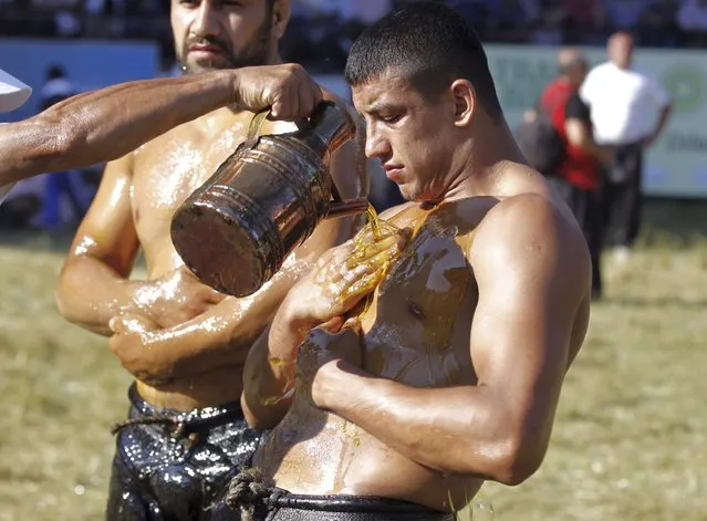 A participant rubs his body with oil during the 653th annual Kirkpinar oil wrestling tournament at the Sarayici arena in Edirne, northwestern Turkey, June 22, 2014. Wrestlers attend the annual Kirkpinar oil wrestling festival to compete in different categories during the three-day tournament in western Turkey, near the Turkish-Bulgarian border. (Photo by Osman Orsal/Reuters)