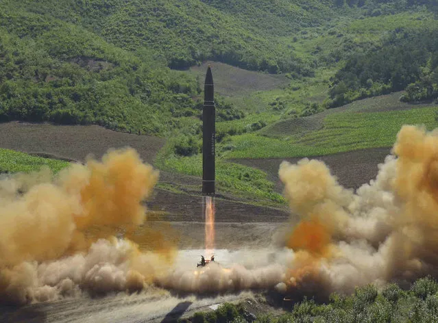 This photo distributed by the North Korean government shows what was said to be the launch of a Hwasong-14 intercontinental ballistic missile, ICBM, in North Korea's northwest, Tuesday, July 4, 2017. Independent journalists were not given access to cover the event depicted in this photo. North Korea claimed to have tested its first intercontinental ballistic missile in a launch Tuesday, a potential game-changing development in its push to militarily challenge Washington – but a declaration that conflicts with earlier South Korean and U.S. assessments that it had an intermediate range. (Photo by Korean Central News Agency/Korea News Service via AP Photo)