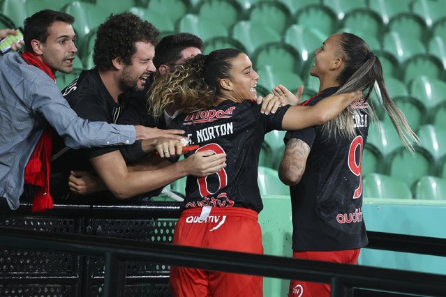 Benfica player Nicole Raysia (R) celebrates after scoring a goal against Sporting during the Women's Football League match, played at the Alvalade stadium, in Lisbon, September 30, 2024. IPhoto by Miguel A. Lopes/LUSA)