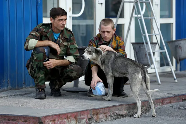 Workers on a break pet a stray dog they have named Bulka outside an administrative building inside the exclusion zone at the Chernobyl nuclear power plant on August 18, 2017 near Chornobyl, Ukraine. (Photo by Sean Gallup/Getty Images)