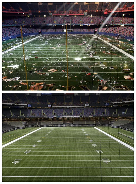 This combination of September 2, 2005 and August 14, 2015 photos shows the playing field of the Louisiana Superdome in New Orleans littered with debris after serving as a shelter for victims from Hurricane Katrina, and a decade later, the renamed Mercedes-Benz Superdome. (Photo by Bill Haber/Gerald Herbert/AP Photo)