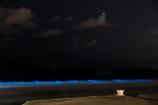 Bioluminescent algae glows in the crashing waves as a lifeguard tower sits on an empty beach during the outbreak of the coronavirus disease (COVID-19) in Encinitas, California, U.S., April 18, 2020. Picture taken with long exposure. (Photo by Mike Blake/Reuters)