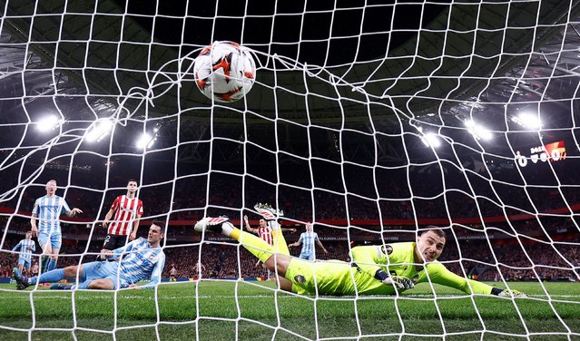 A shot from Athletic Bilbao’s Nico Williams, not pictured, flies past Viktoria Plzen goalkeeper Martin Jedlička during a Europa League match in Bilbao, Spain, on Thursday, January 30, 2025. Athletic won 3-1. (Photo by Juan Medina/Reuters)