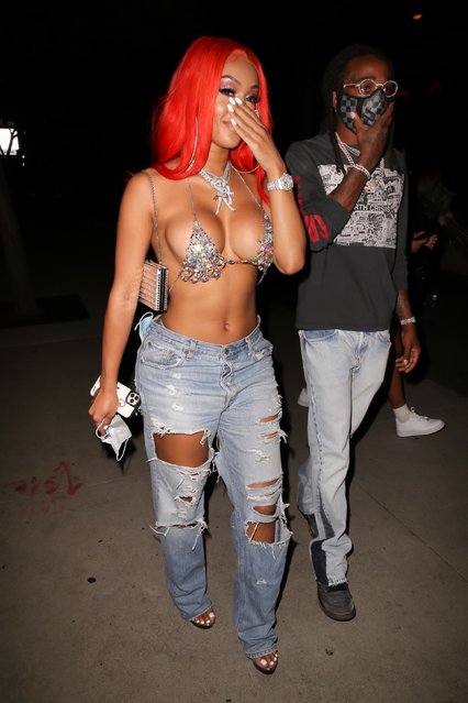 American rapper Saweetie and Quavo seen leaving Boa Steakhouse in West Hollywood, CA. on July 19, 2020. The couple appeared to enjoy dinner and posted a pda filled Instagram story at the restaurant. Saweetie and Quavo looked stylish as they made their way to their car. (Photo by Backgrid USA)