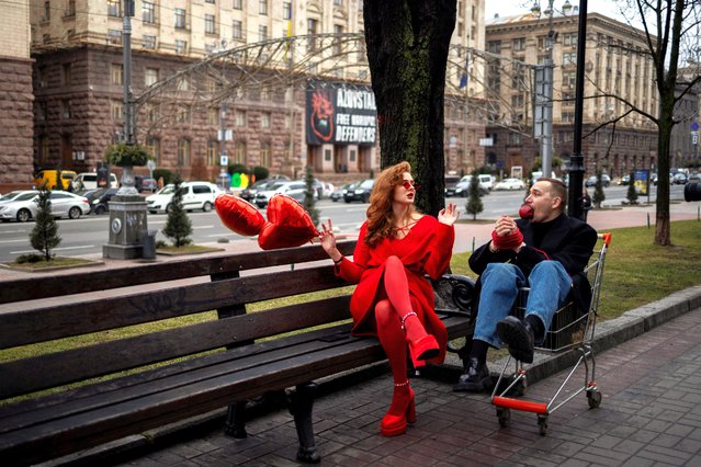 Ukrainian singer Gelya Zozulya performs for the camera during a video shoot on Valentine's Day, amid Russia's attack on Ukraine, in central Kyiv, Ukraine on February 14, 2024. (Photo by Thomas Peter/Reuters)