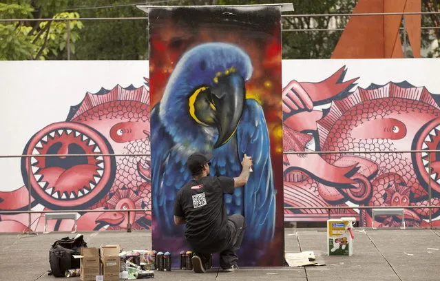 Brazilian street artist Frank spray paints a design during a demonstration at the second edition of the International Graffiti Fine Art Biennial at the Brazilian Museum of Sculpture, MuBE, in Sao Paulo, Brazil, Tuesday, January 22, 2013. The event runs from January 22 – February 24 and features work of more than 50 street artists, representing 11 countries. (Photo by Andre Penner/AP Photo)