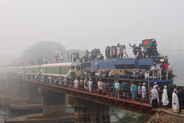Muslims travel on an overcrowded train to attend Akheri Munajat, the final supplication, during the first phase of Bishwa Ijtema in Tongi, on the outskirts of Dhaka, Bangladesh, on February 2, 2025. (Photo by Mohammad Ponir Hossain/Reuters)