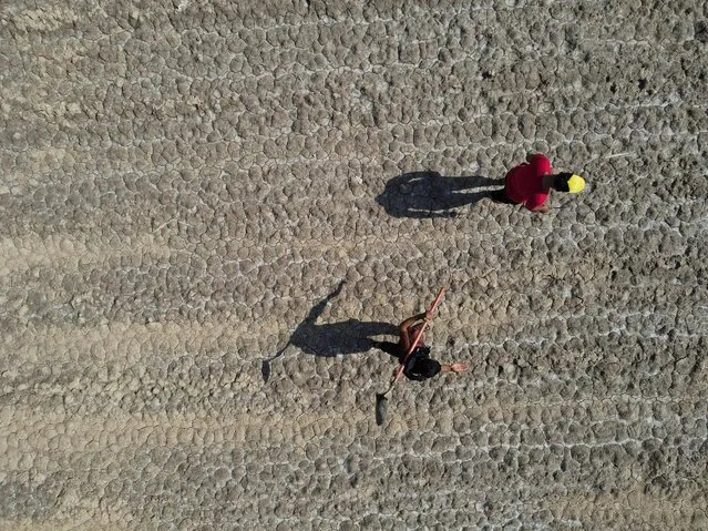 An aerial view shows Iraqi farmers walking on a dry ground during low water levels in Amara, Iraq on March 1,2023. (Photo by Essam Al-Sudani/Reuters)