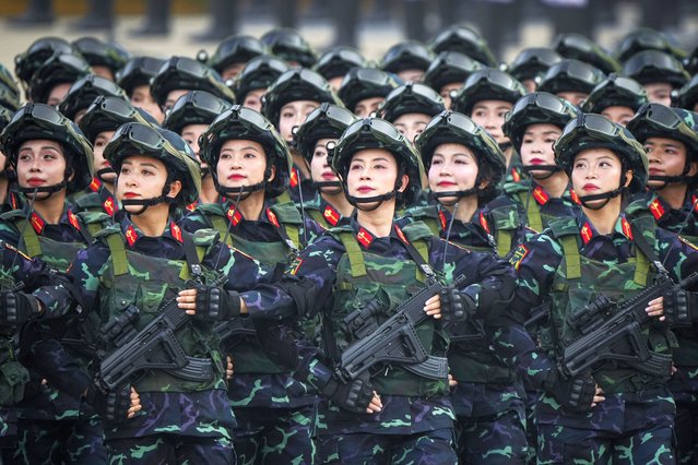 Vietnamese troops march during a parade celebrating the 80th anniversary of independence in Hanoi, Vietnam Tuesday, September 2, 2025. (Photo by Vincent Thian/AP Photo)