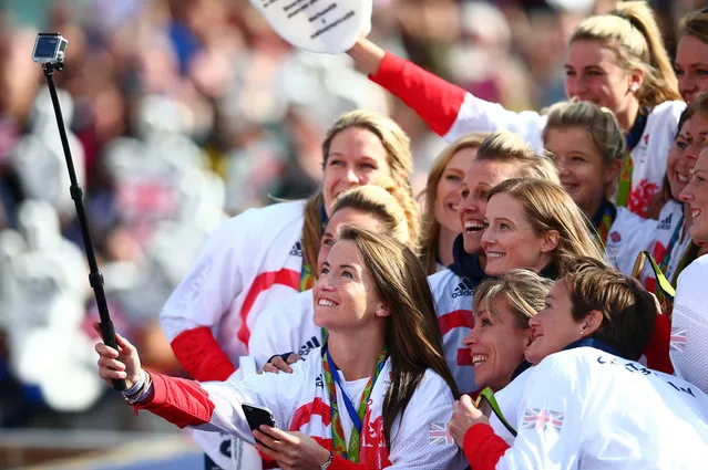 Womens hockey player, Maddie Hinch takes a group selfie during the Olympics & Paralympics Team GB - Rio 2016 Victory Parade at Trafalgar Square on October 18, 2016 in London, England. (Photo by Dan Istitene/Getty Images)