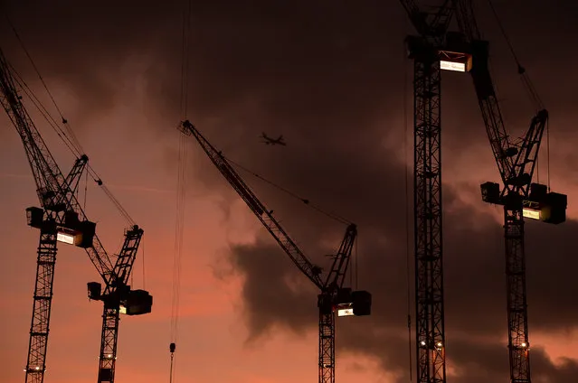 A plane flies behind cranes standing on construction sites, at dusk in London, December 9, 2013. (Photo by Toby Melville/Reuters)