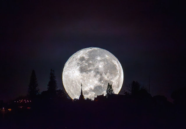 The full moon known as “Beaver Moon” sets behind the pagoda of Wat Phra That Doi Suthep in Chiang Mai, Thailand on November 15, 2024. The Beaver Moon, the full moon in November, signals the onset of winter. Named by Indigenous North American tribes, it marks the time when beavers prepare for the cold by building their dams and lodges. This full moon shines brightly in late autumn's chilly skies, illuminating the landscape and symbolizing the last phase of preparation before winter's arrival. For many, the Beaver Moon is a reminder to gather, prepare, and find warmth as nature transitions into the quiet, reflective months ahead. (Photo by Pongmanat Tasiri/SOPA Images/Rex Features/Shutterstock)