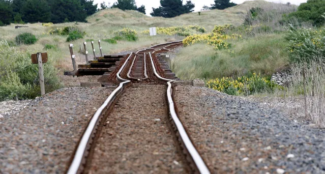 A railway line is damaged by an earthquake, near Tirohanga stream south of Blenheim on the South Island of New Zealand, November 14, 2016. (Photo by Anthony Phelps/Reuters)