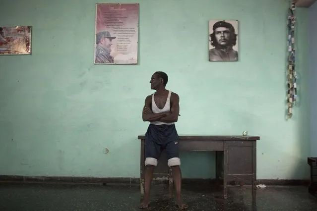 Street sweeper Rigoberto de los Santos, 58, takes a break during a rehearsal of a contemporary Haitian dance between pictures of Cuban former president Fidel Castro (L) and Cuba's revolutionary hero Ernesto “Che” Guevara in a communal center in downtown Havana January 30, 2015. (Photo by Alexandre Meneghini/Reuters)