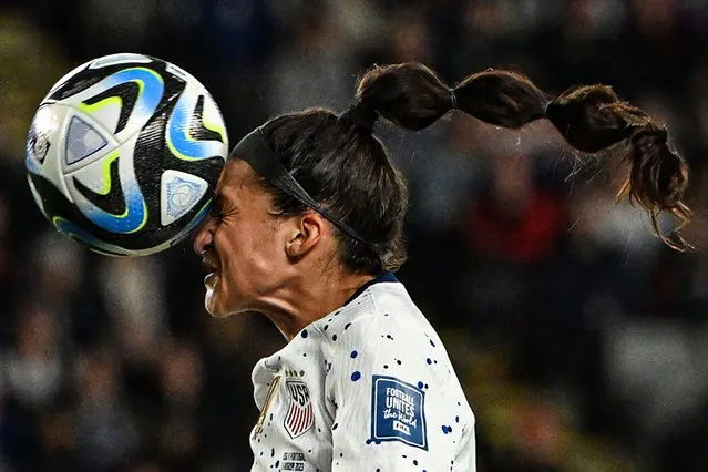 USA's forward #11 Sophia Smith heads the ball during the Australia and New Zealand 2023 Women's World Cup Group E football match between Portugal and the United States at Eden Park in Auckland on August 1, 2023. (Photo by Saeed Khan/AFP Photo)
