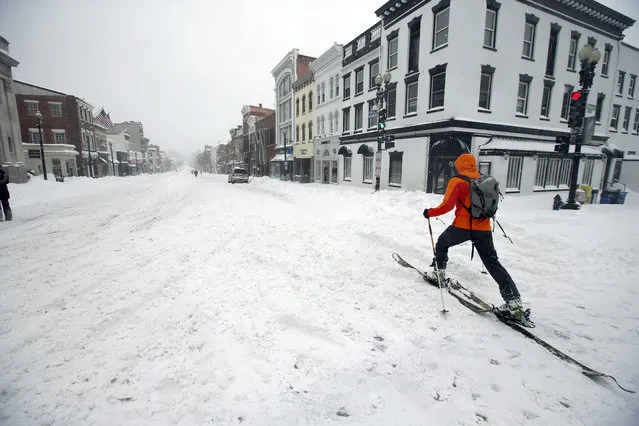 A man uses cross country skies as he goes down M Street NW in the snow, Saturday, January 23, 2016 in the Georgetown area of Washington. (Photo by Alex Brandon/AP Photo)
