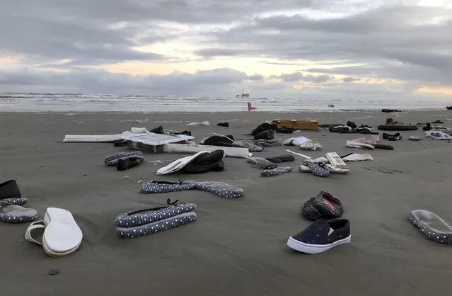 Contents from shipping containers washed up on a beach in Ameland, Netherlands, Thursday January 3, 2019. Authorities in Germany and the Netherlands are searching for up to 270 shipping containers lost at sea by a cargo ship caught in a storm, saying some are carrying hazardous materials. The Dutch Safety Board watchdog said Thursday June 25, 2020, that large container ships should avoid sailing through a sensitive, shallow sea off the coast of the Netherlands, Germany and Denmark in heavy northwesterly storms to reduce the risk of losing their cargo. (Photo by Lars Brouwer via AP Photo)