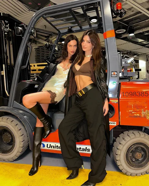 After watching a Knicks game at Madison Square Garden in the last decade of November 2023, Irina Shayk (left) and Emily Ratajkowski operate some heavy machinery. (Photo by irinashayk/Instagram)
