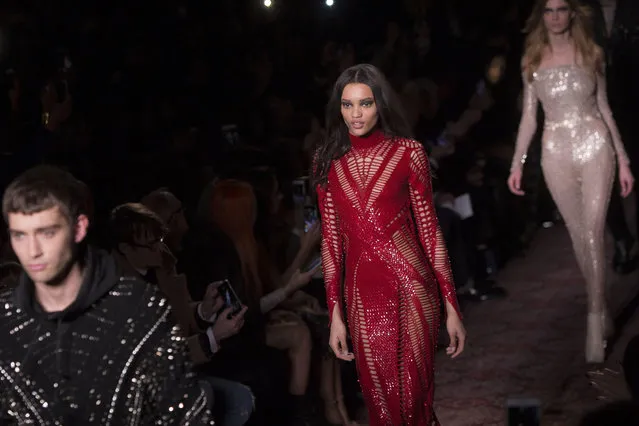 Models wear creations by designer Julien Macdonald during his Autumn/Winter 2017 show, as part of London Fashion Week, Saturday, February 18, 2017. (Photo by Joel Ryan/Invision/AP Photo)