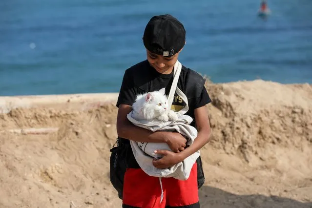 A Palestinian boy, who was displaced by Israel's military offensive with his family on south Gaza, holds a cat as he attempts to return to his home in north Gaza through an Israeli checkpoint, in the central Gaza Strip, on April 15, 2024. (Photo by Ramadan Abed/Reuters)