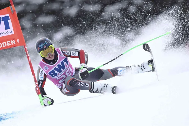 Norway's Fabian Wilkens Solheim speeds down the course during an alpine ski, men's World Cup Giant slalom, in Adelboden, Switzerland, Saturday, January 8, 2022. (Photo by Gabriele Facciotti/AP Photo)