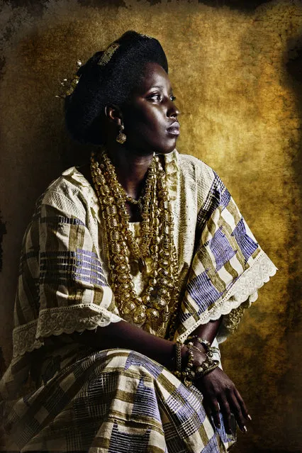 Apollo Akan. “Soukeyna studies marketing in Bordeaux. She had to ask the permission from the King of Grand-Bassam to borrow these clothes and jewellery. The outfit was worn by the Queen, her great grandmother, in the 1930s. She came to the studio with her mother, who was in tears at the resemblance between Soukeyna and her great grandmother. They brought an old portrait with them to the studio of her at 17”. (Photo by Joana Choumali/The Guardian)