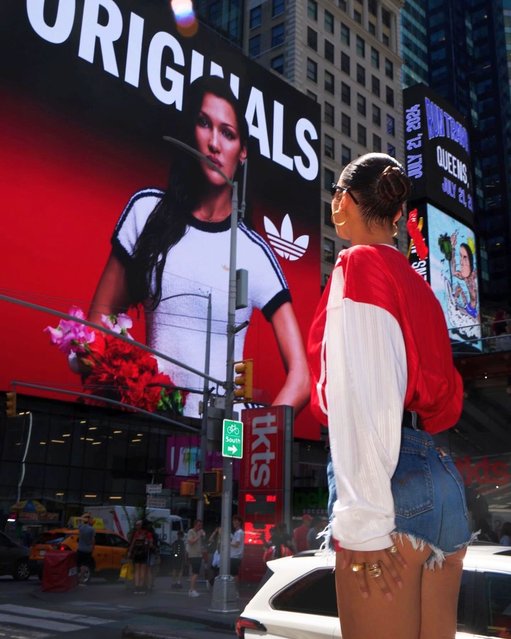 American fashion model Bella Hadid has a “pinch me” moment staring at her Adidas billboard in the second decade of July 2024. (Photo by bellahadid/Instagram)