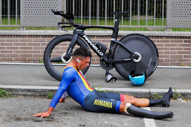 Carol-Eduard Novak of Romania reacts after competing in the men’s C4 road individual time trial on day seven of the Paris 2024 Summer Paralympic Games at on September 04, 2024 in Paris, France. (Photo by Alex Whitehead/SWpix.com/Rex Features/Shutterstock)