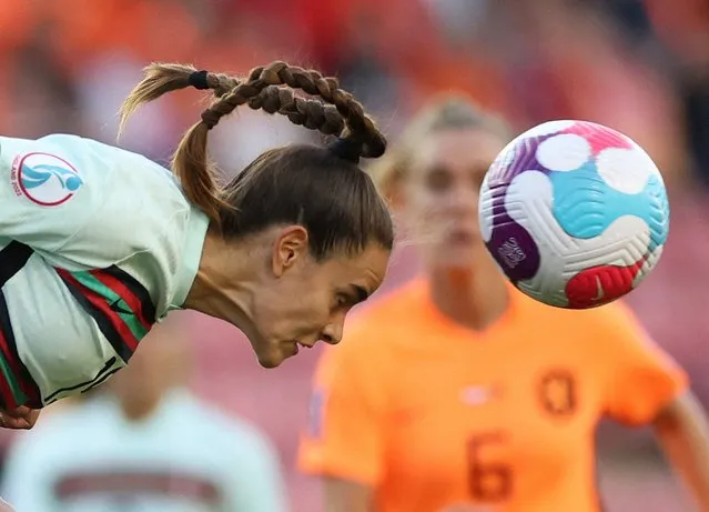 Portugal's Diana Gomes in action during the UEFA Women's Euro England 2022 group C match between Netherlands and Portugal at Leigh Sports Village on July 13, 2022 in Leigh, United Kingdom. (Photo by Carl Recine/Reuters)