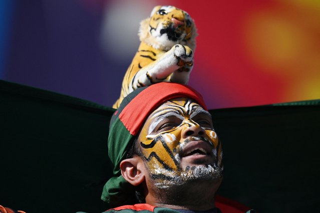 A supporter of Bangladesh cheers before the start of the 2023 ICC Men's Cricket World Cup one-day international (ODI) match between England and Bangladesh at the Himachal Pradesh Cricket Association Stadium in Dharamsala on October 10, 2023. (Photo by Arun Sankar/AFP Photo)