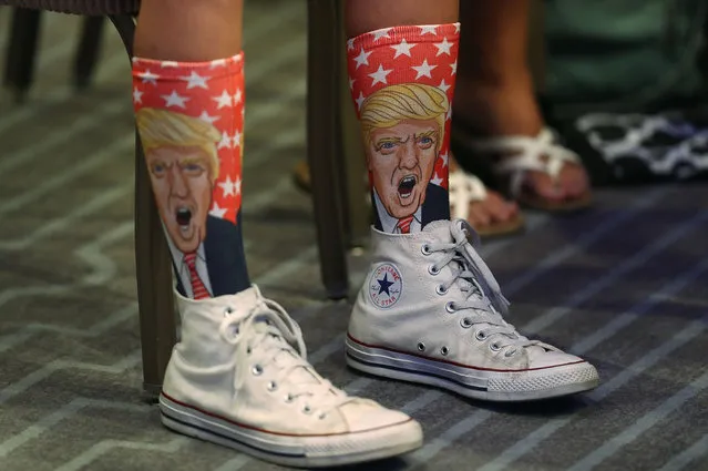 Republican presidential nominee Donald Trump socks are seen as he speaks during an address to the National Association of Home Builders at the Fontainebleau Miami Beach hotel on August 11, 2016 in Miami Beach, Florida. Trump continued to campaign for his run for president of the United States. (Photo by Joe Raedle/Getty Images)