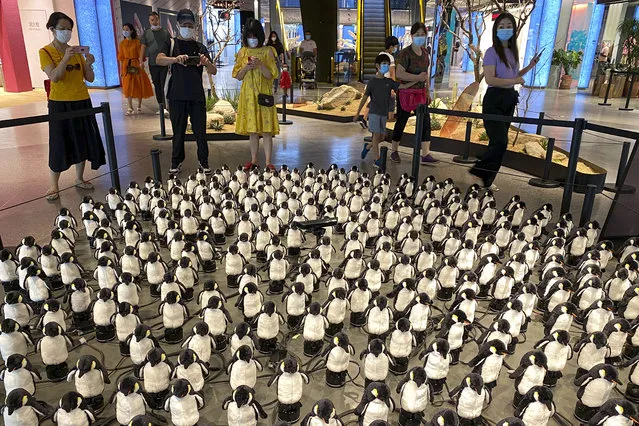 People wearing face masks to protect against the new coronavirus look at the movable penguin figures on display inside a mall in Beijing, Monday, July 20, 2020. China's latest coronavirus outbreak has spread to a second city in the northwestern region of Xinjiang. (Photo by Andy Wong/AP Photo)