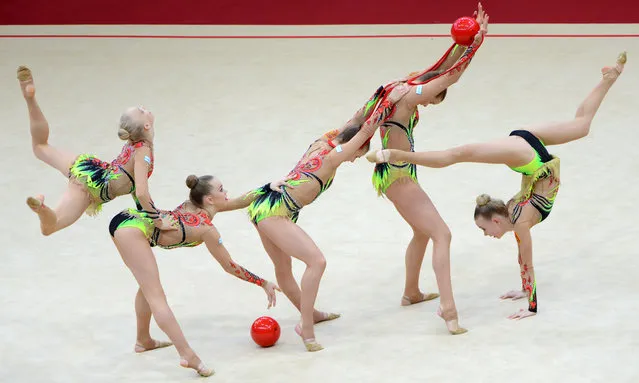 Team Finland perform their 3 balls and 2 ropes routine at the 2018 Moscow Rhythmic Gymnastics Grand Prix at Luzhniki in Moscow, Russia on February 18, 2018. (Photo by Tatyana Valko/TASS)