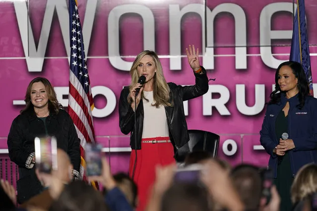 Lara Trump, center, Katrina Pierson, right, and Mercedes Schlapp, left, address a campaign rally on a Women for Trump Bus Tour Event, Thursday, October 8, 2020, in New Castle, Pa. (Photo by Keith Srakocic/AP Photo)