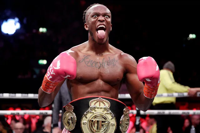 KSI celebrates after defeating FaZe Temper during the MF Cruiserweight Title fight between KSI and FaZe Temper at OVO Arena Wembley on January 14, 2023 in London, England. (Photo by Julian Finney/Getty Images)